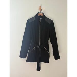 Guess Black Wool Blend Coat Large Faux Leather Shoulder Zip Up Fall Jacket